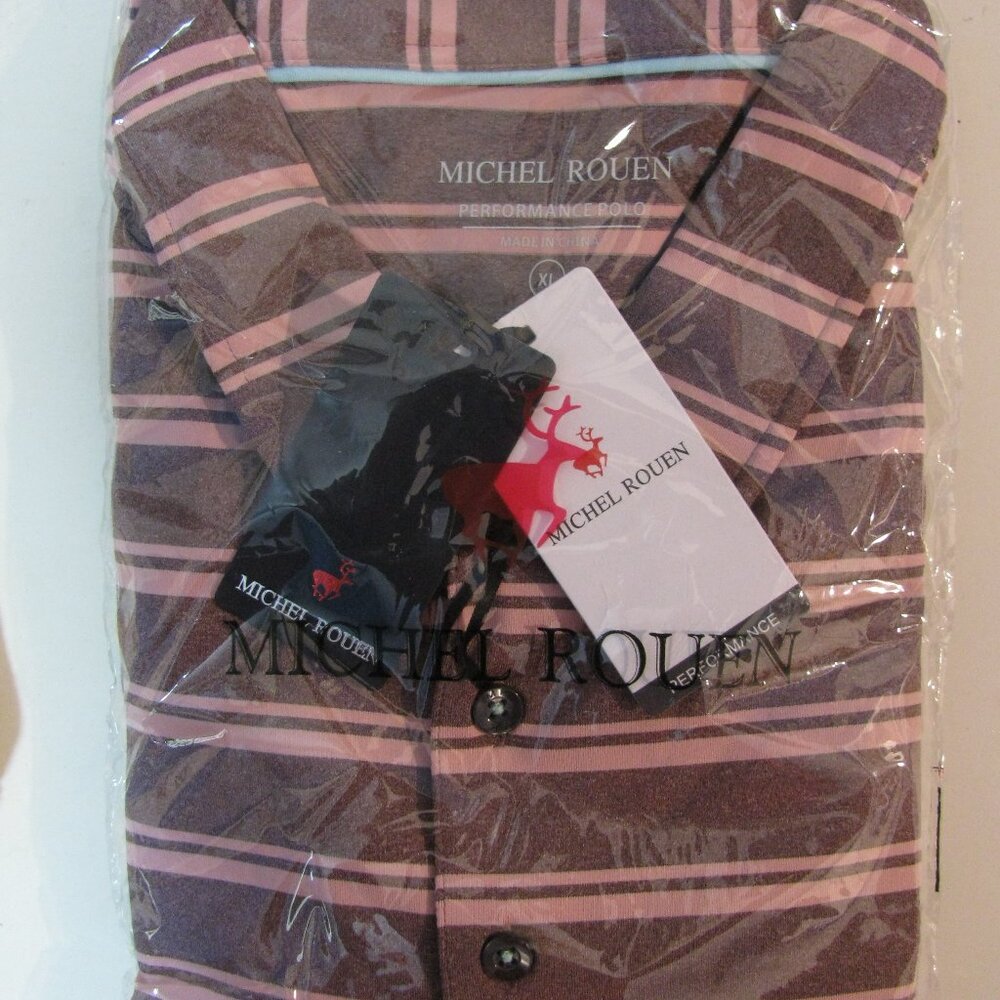 * Michel Rouen Performance Polo XL New NWT $35 Striped Wine Berry Red - Picture 4 of 4